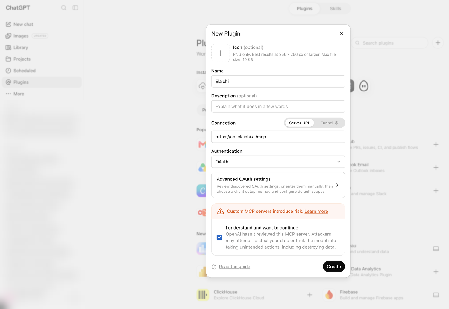 ChatGPT's Plugins page with the New Plugin dialog open, the name set to Elaichi, the Server URL set to https://api.elaichi.ai/mcp, Authentication on OAuth, and the risk acknowledgement ticked so Create is enabled