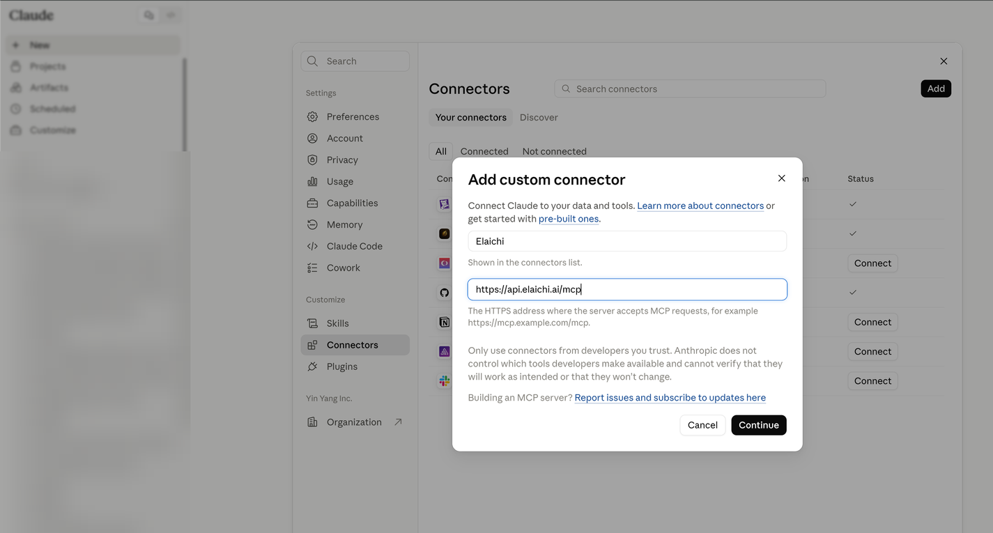 Claude's settings with Customize then Connectors selected, the Add button, and the Add custom connector dialog asking for a name and an MCP server URL