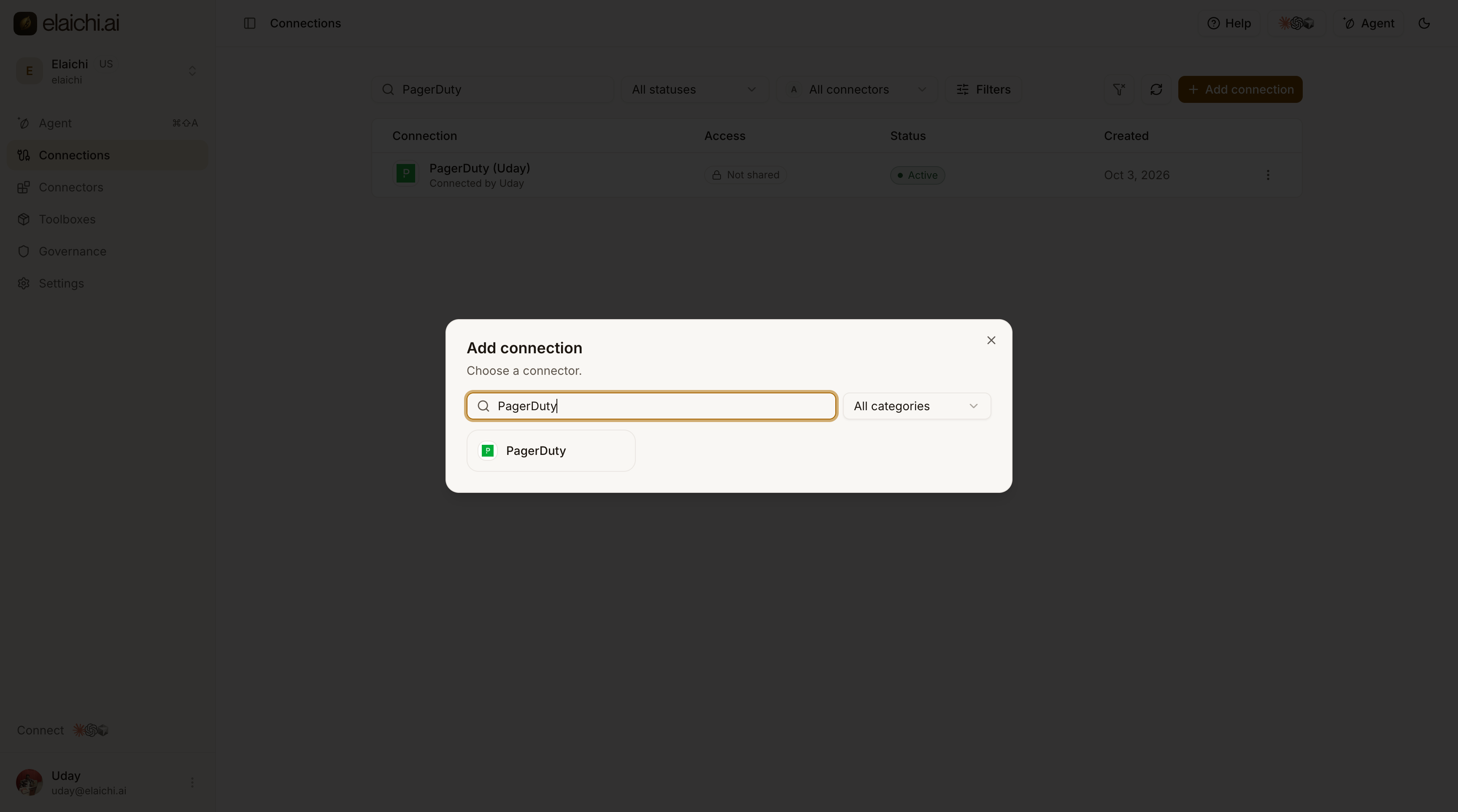 The Add connection dialog with PagerDuty found in the connector search