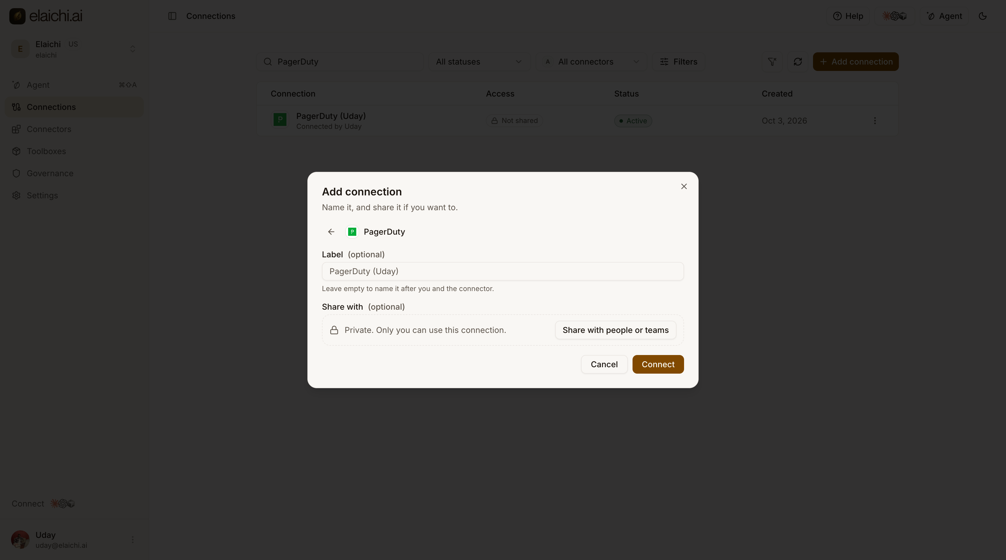 The Add connection dialog for PagerDuty, with Label, Share with, and Connect