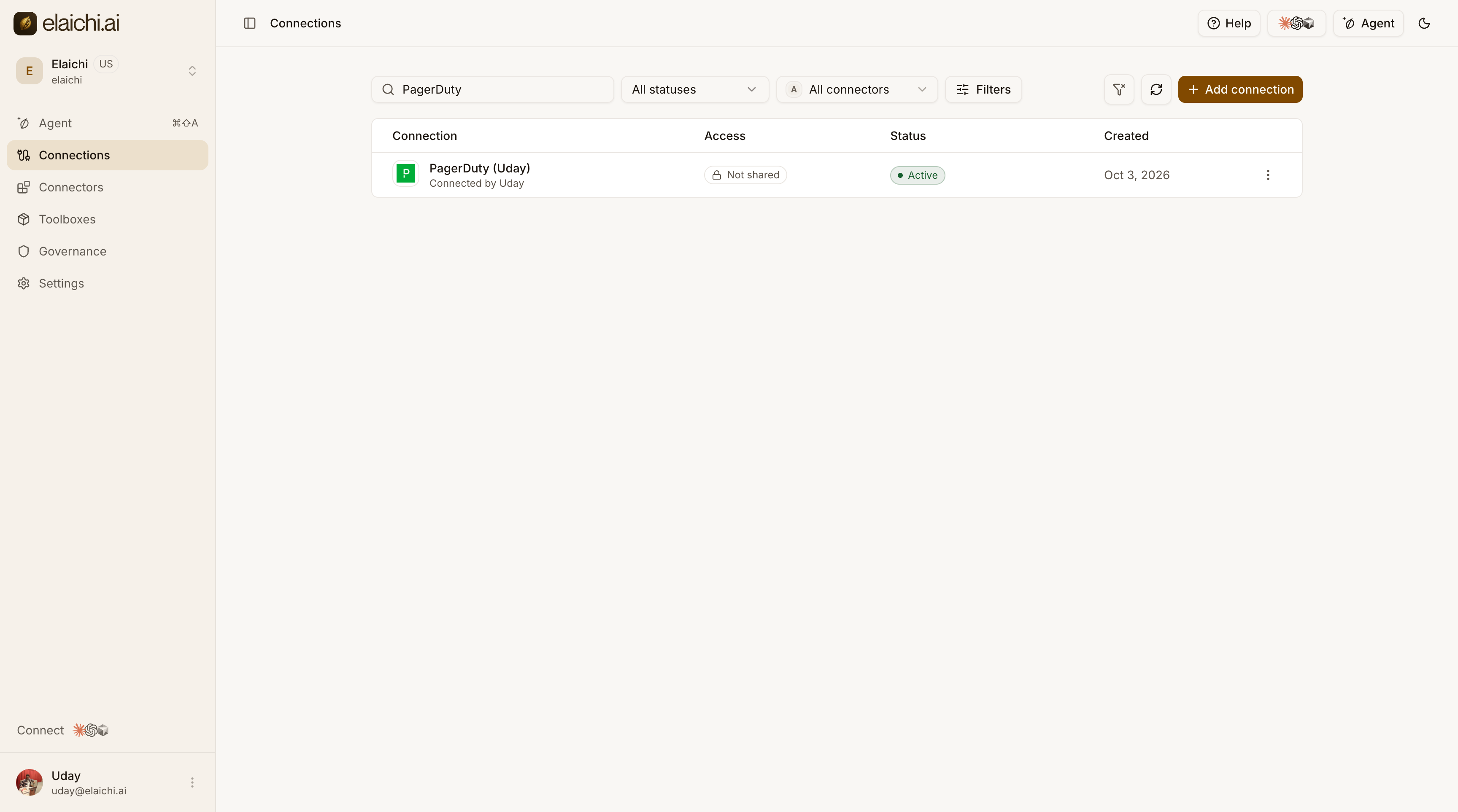 The Connections list with the PagerDuty connection shown as Active