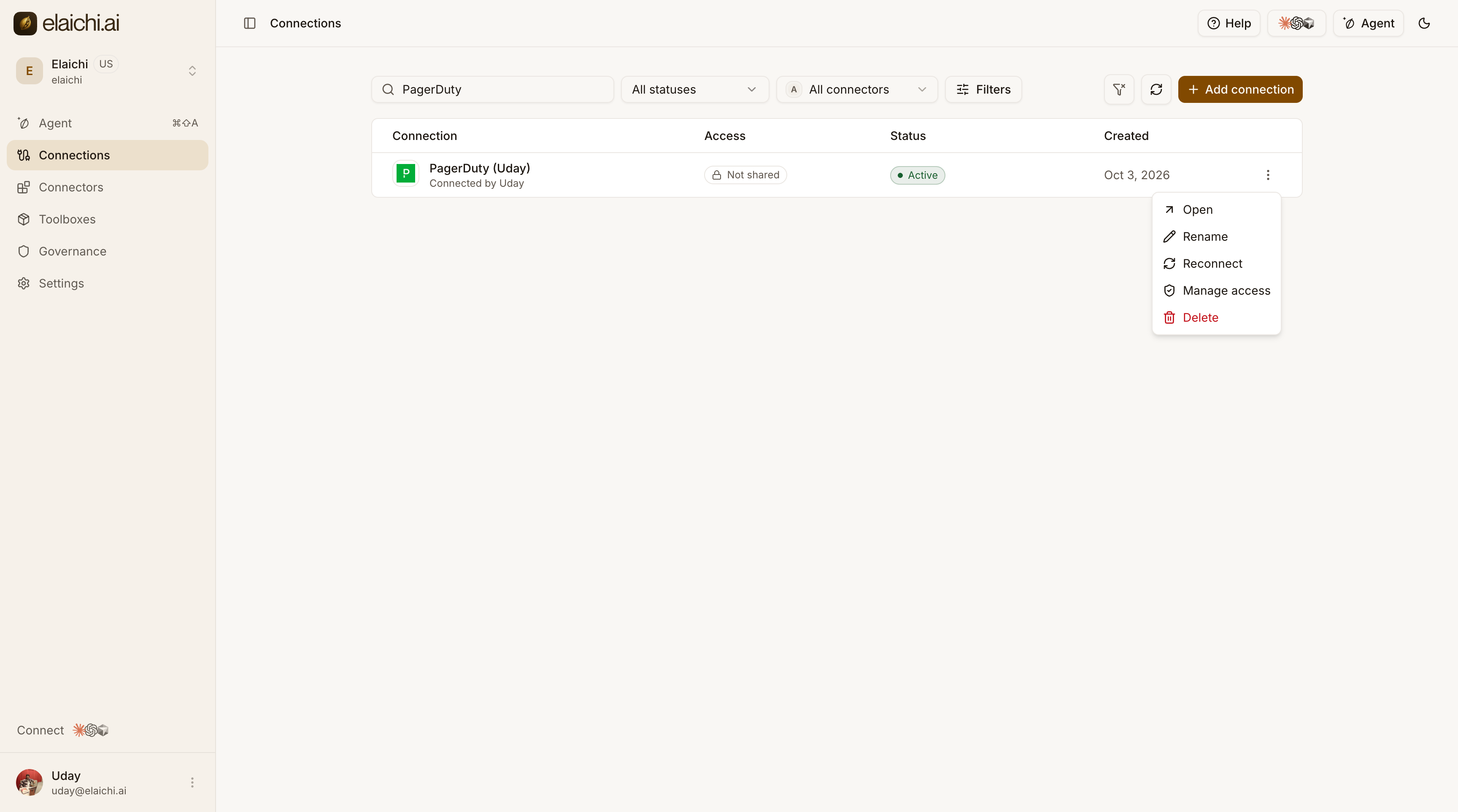 The PagerDuty connection menu with Delete